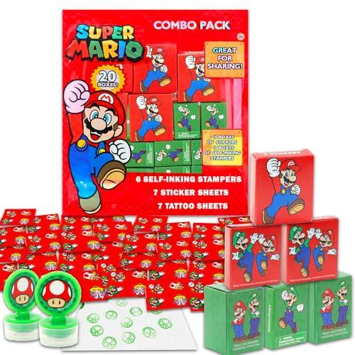 Super Mario Party Favors for 20 Guests Bundle ~ 20 Pieces Mario Favor Boxes with Stickers and Stampers for Kids Birthday Party | Mario Party Supplies and Decorations