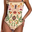 Floerns Women's Tropical Print Tie Shoulder One Piece Swimsuit Tummy Control Swimwear (Medium, Apricot)