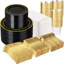 GATHER 700PCS Black Plastic Plates - Gold Disposable Plastic Dinnerware Set Include 200 6.3inch/9inch Black Plates, 300 Silverware, 100 Napkins, 100 Cups for Party & Wedding & Holloween