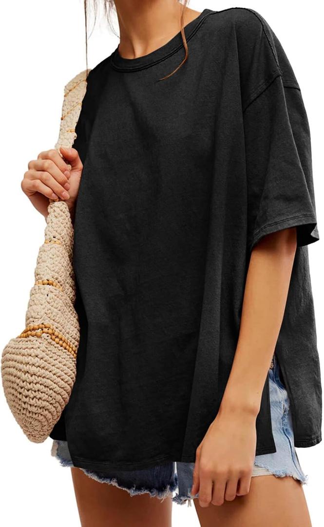 Tankaneo Womens Oversized Tshirts Summer Casual Short Sleeve Crew Neck T Shirt Loose Fit Side Slit Tee Tops (Black, XL)