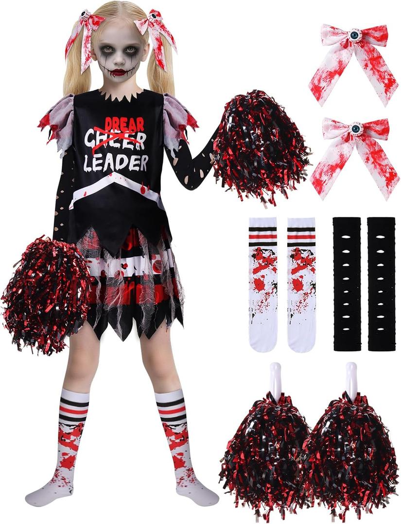 Dead Cheerleader Costume for Girls, Scary Bloody Kids Halloween Costumes for Halloween Dress Up Parties (Medium(8-10), Red)