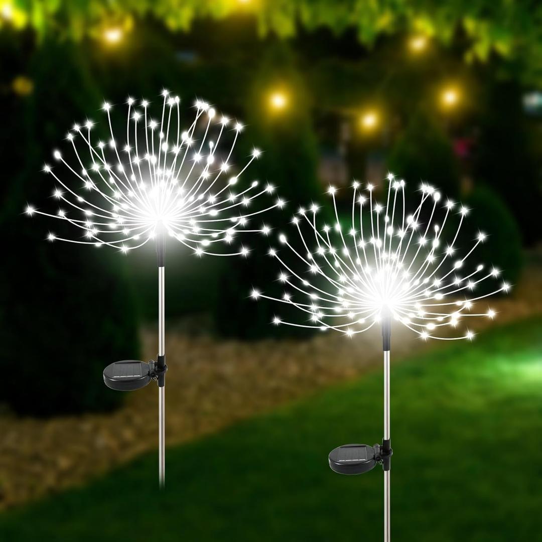 Solar Garden Lights Outdoor Waterproof, 2 Pack 120 LED Solar Firework Lights Decorative Garden Dcor Outside for Flowerbed Pathway Party Christmas Decoration, White