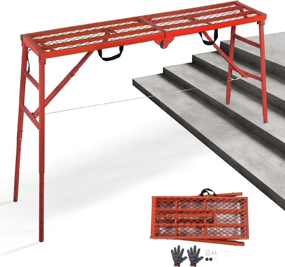 LEADALLWAY Scaffolding Platform 70(L) x15(W) x33(H) 770 Lbs Capacity Portable Adjustable Work Platform Scaffolding Ladder,Red