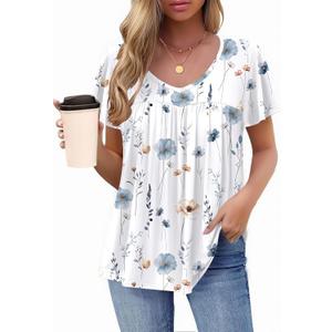 HOTOUCH Womens Short Sleeve Tunic Tops V Neck Loose Fit Ruffle Sleeve Shirts Summer Floral Dressy Casual Boho Blouses (X-Large, White)