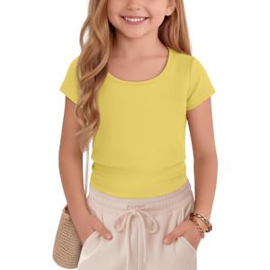 Oakgarden Girl's T-Shirts Summer Tops Teen Cap Sleeve Shirts Kids Scoop Neck Fitted Cute Casual Basic Tees (9-10 Years, Yellow)