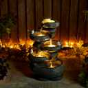 Glitzhome 5-Tier Cascading Rock Outdoor Water Fountain with LED Light & Pump, Natural Stacked Stone Look Water Fountain with Lively Birds for Garden, Patio, Porch, 23H