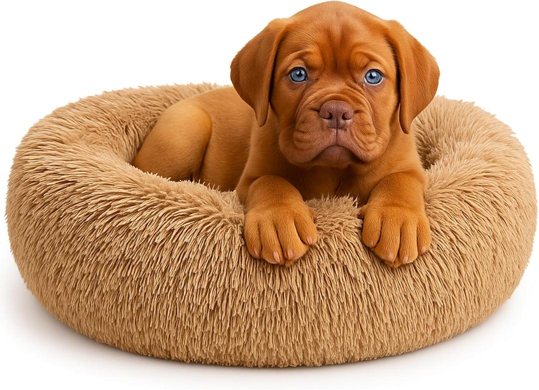 Calming Dog Bed - Fluffy Donut Cuddler for Anxiety Relief, Orthopedic Pet Bed with Non-Slip Bottom, Cozy Round Faux Fur Nest for Dogs and Cats, Plush Crate Mat for Comfort (Camel, Small)