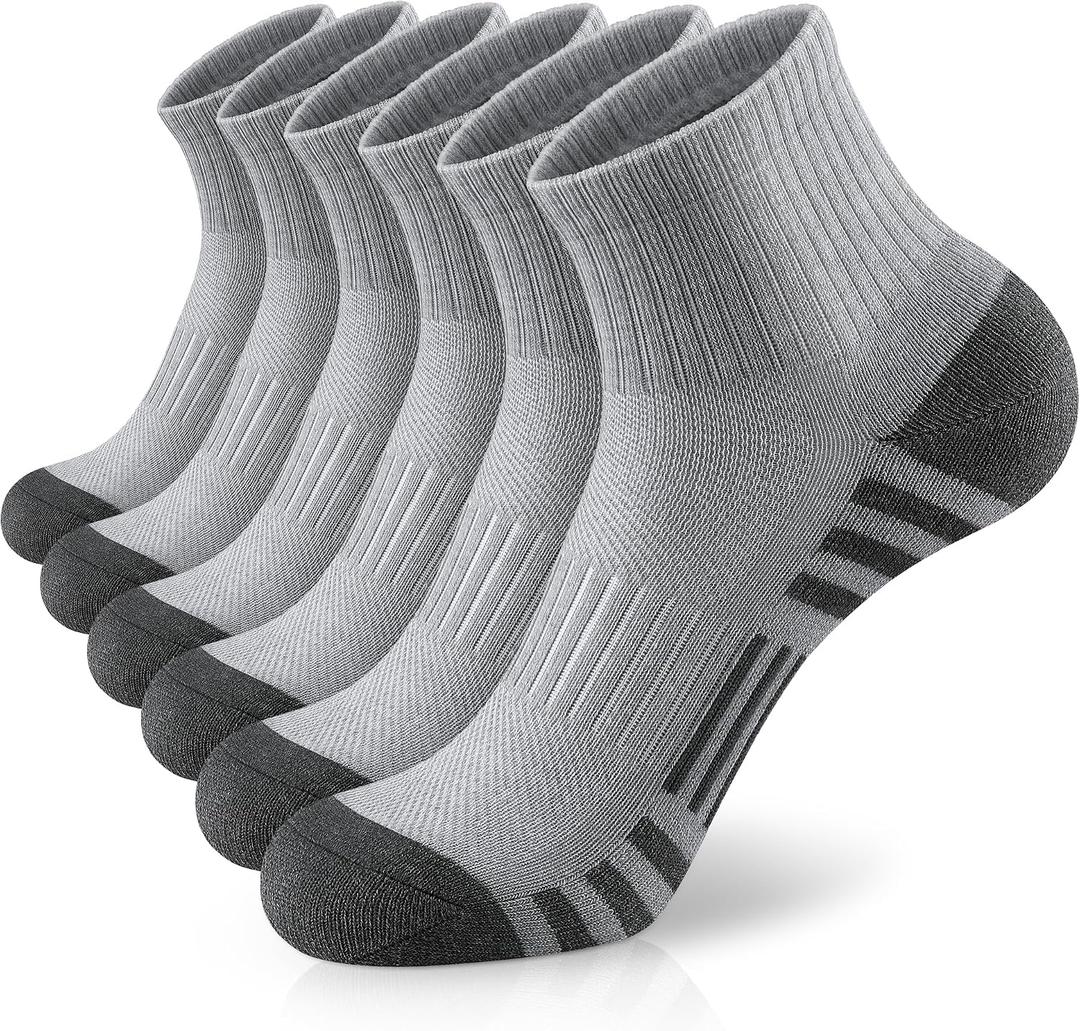 Airacker Athletic Quarter Socks with Cushion Running Ankle Socks for Men Women 6 Pairs (Gray)