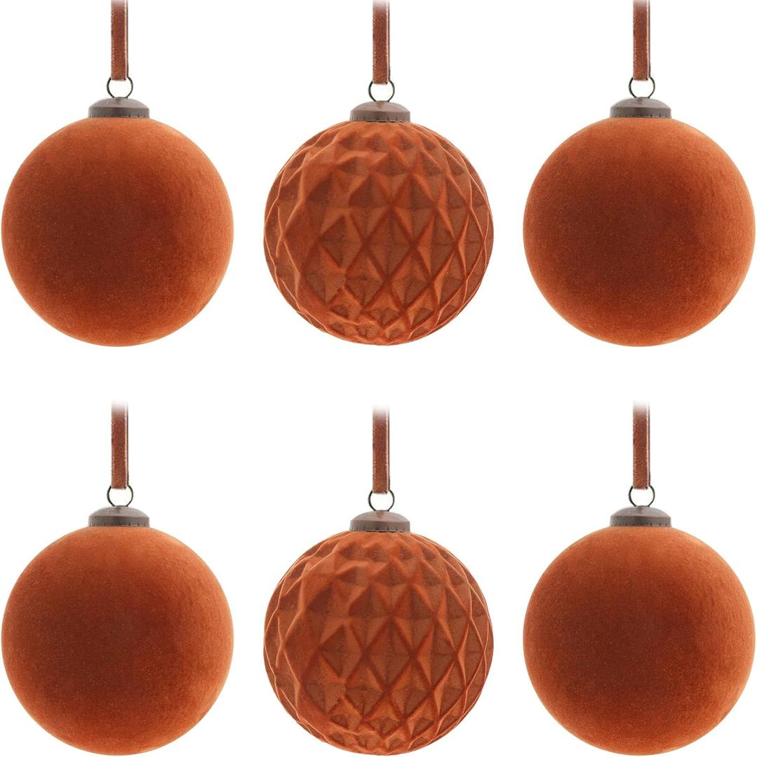 6Pcs Large Velvet Christmas Ball Ornaments 4" Brown Flocked Ornaments Set for Christmas Tree with 10Pcs Velvet Bows Shatterproof Xmas Hanging Decorations for Home Office Holiday Dcor