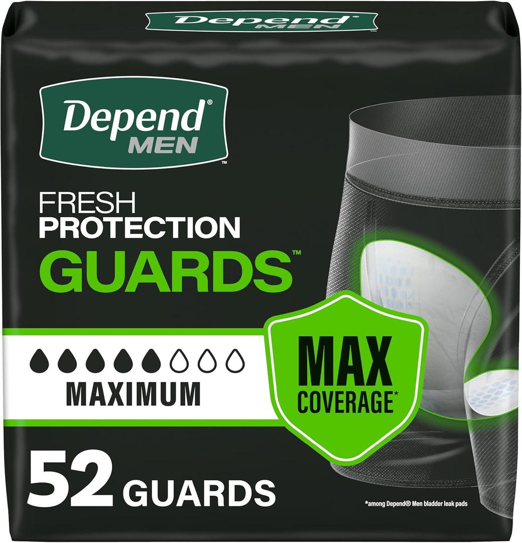 Depend Guards Incontinence Pads for Men, Maximum Absorbency, 52 Count, (New)