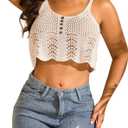 Women's Crochet Tank Top Sleeveless Scoop Neck Hollow Out Knit Cami (Beige, L)