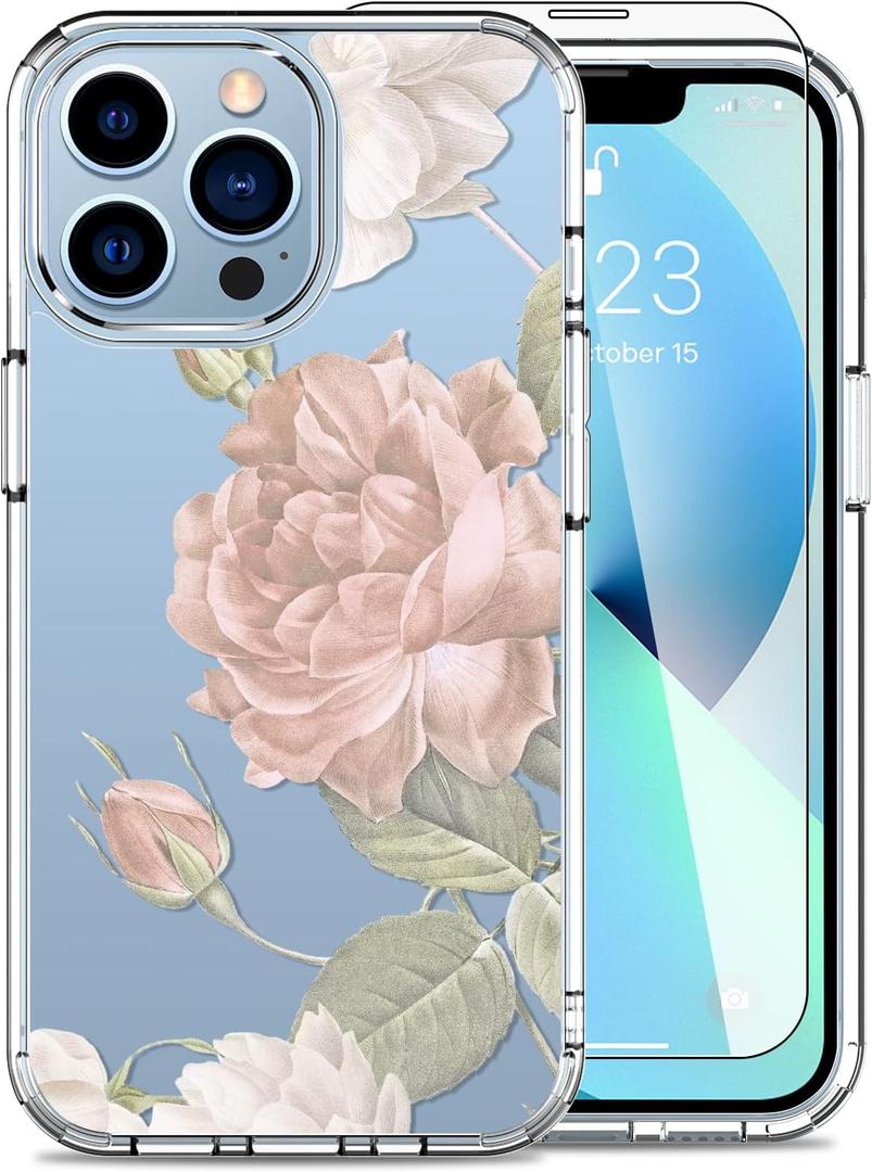 LUHOURI for iPhone 13 Pro Max Case with Screen Protector,Crystal Clear with Fashion Cute Designs for Women Girls,Slim Fit Durable Protective Phone Cover for 6.7" Pink Blooming Roses
