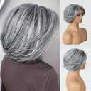 Aisaide Highlight Silver Gray Layered Bob Wig with Curtain Bangs for Women Synthetic Light Grey Highlight Bob Wig Short Grey Layered for Black Women(Silver Gray Mixed Light)
