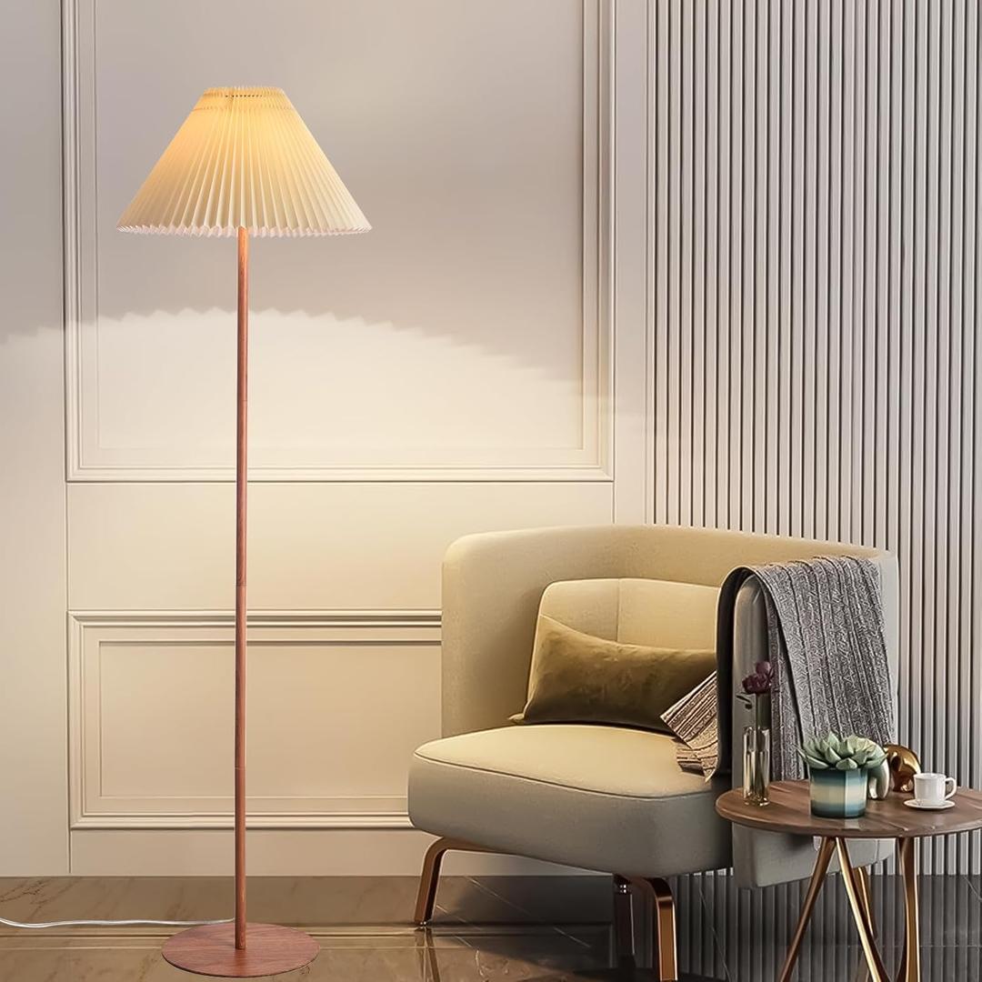 Wood Grain Vintage Pleated Floor Lamp, Farmhouse MCM Floor Lamp Standing Lamp Tall Lamp for Living Room, Office, Bedroom, Reading