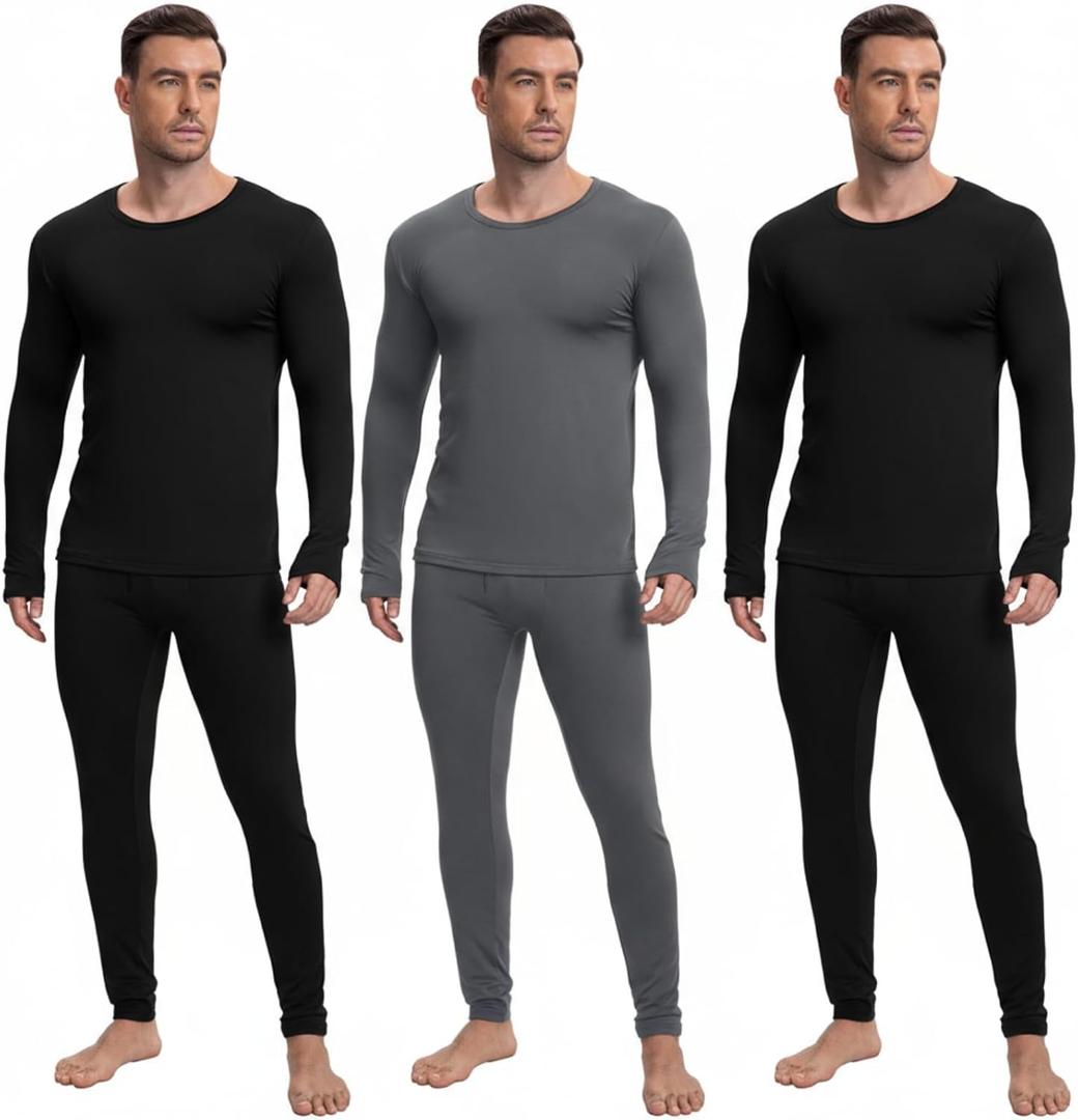 Patelai 3 Sets Men's Thermal Underwear Long Underwear Base Layer with Fleece Lined for Winter Cold Weather (Medium, Gray, Black)