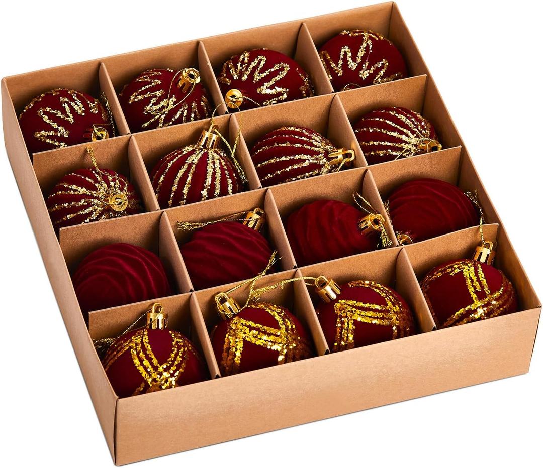 Athoinsu 16 Pack Velvet Christmas Ornaments 2.36 Inch Red Flocked Christmas Balls Shatterproof Holiday Tree Decorations with Gold Glitter Designs and Hanging Strings for Christmas Tree Decor