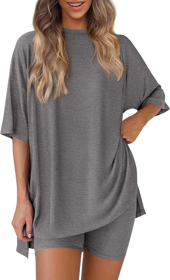 PRETTYGARDEN Women's Two Piece Lounge Set 2025 Summer Casual Oversized Shirts Biker Shorts Matching Airport Travel Outfit (Large, Dark Grey)
