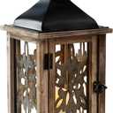 Homemory Rustic Christmas Farmhouse Lantern Decor, Wood & Metal 16'' Candle Lantern Hanging Candle Holders for Outdoor Indoor Home Living Room Patio Porch Table (Wood)