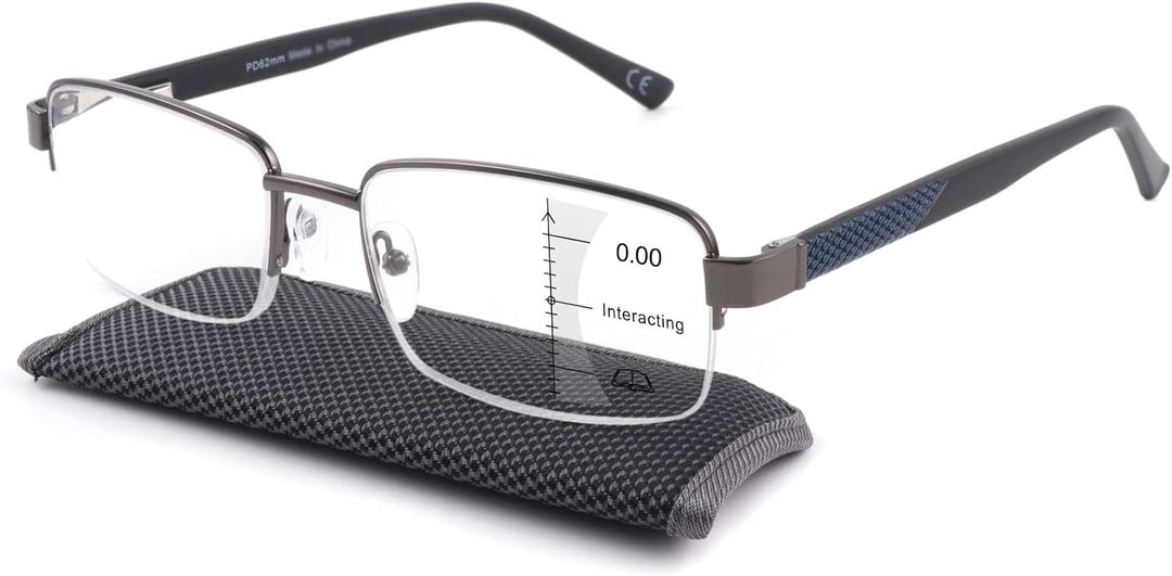 Missfive Mens Premium Multifocus Reading Glasses 0 Power on Top Center, Blue Light Blocking Far/Mid/Near Progressive Multifocal Readers Metal Frame With No Broken Spring Hinge, 2.5x, Blue