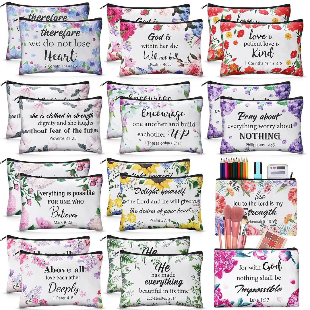Qeeenar 24 Pcs Christian Makeup Bags Mother's Day Cosmetic Bags Inspirational Bible Verse Toiletry Pouch Canvas Motivational Pouch with Zipper for Women Organize Cosmetics Stationery Supply(Floral)