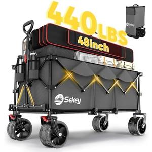 Sekey 48''L Collapsible Foldable Extended Wagon with 440lbs Weight Capacity, Heavy Duty 300L Folding Utility Garden Cart with Big All-Terrain Beach Wheels & Drink Holders. Grey