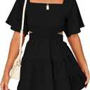 Wimsihal Women's Summer Dresses Square Neck Casual Short Sleeves Elastic Waist Party Mini Dress (Black, M)