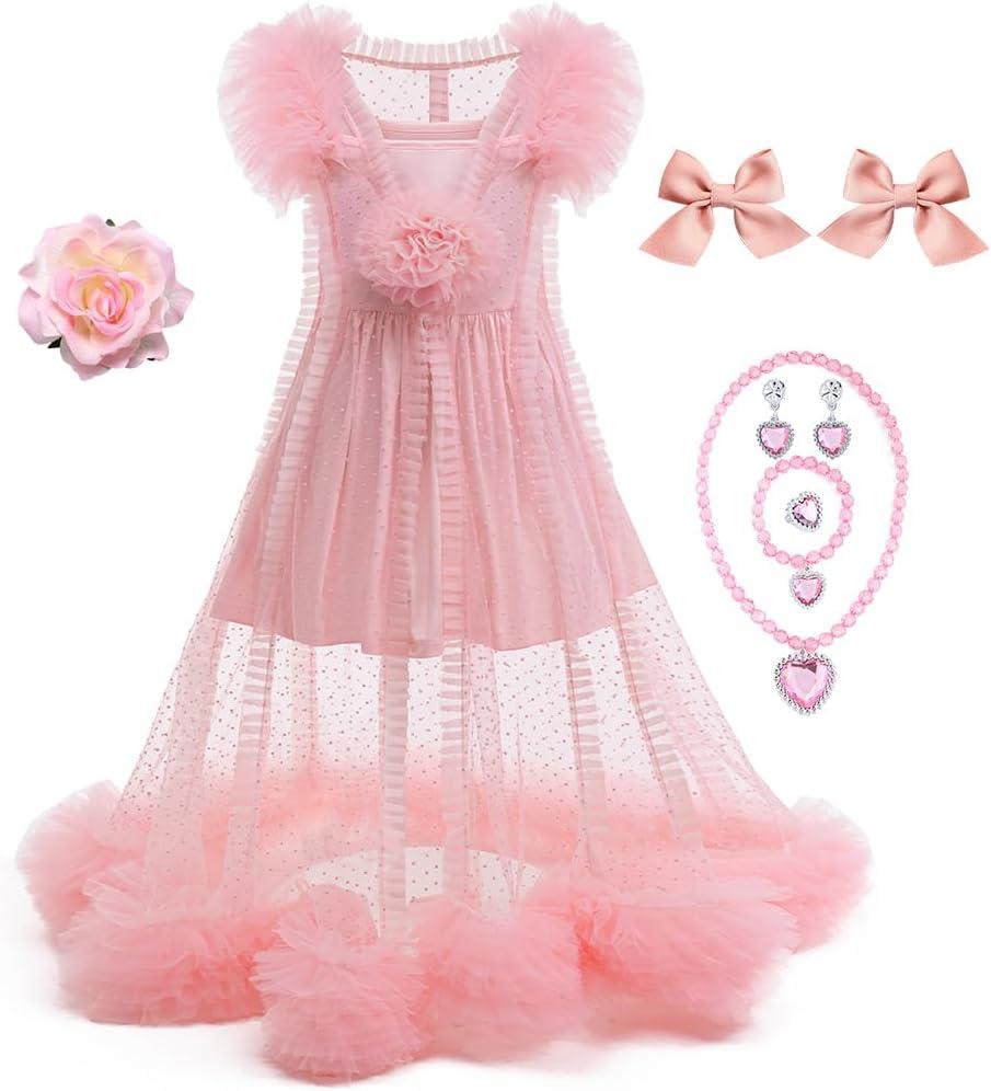 Pink Witch Costume for Girls Pink 2 Piece Pajamas Set Dress, Bouffant Mesh Outfits with Accessories (8-9 Years)