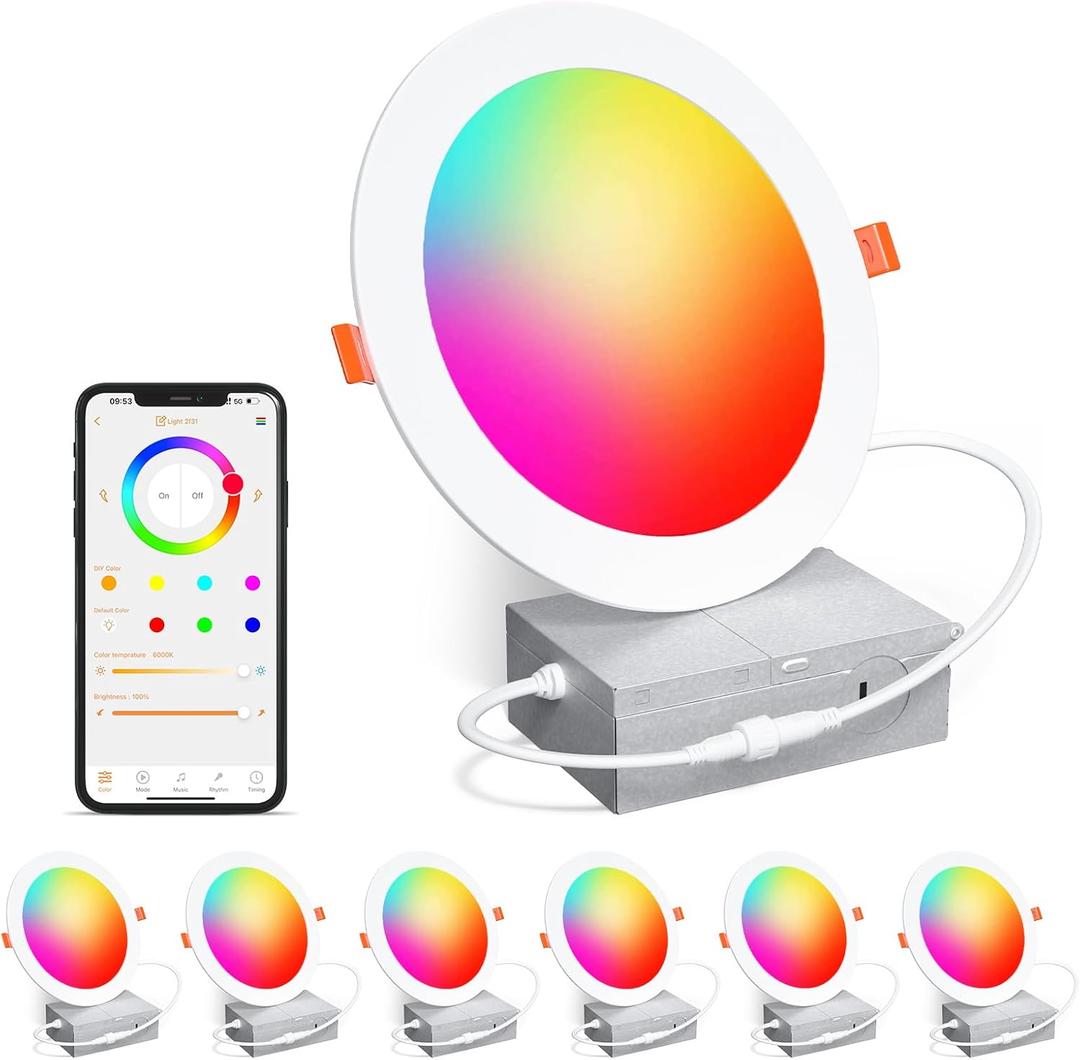 Smart Recessed Lighting 6 Inch RGBCW Color Changing 16W LED Recessed Ceiling Light with Junction Box,1350LM Canless LED Downlight Compatible with Alexa,Dimmable by Bluetooth Control -6 Pack