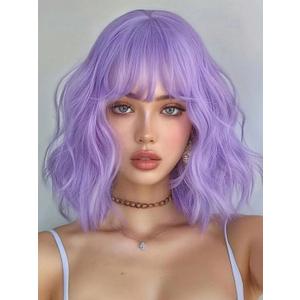LOSMOEER Purple Wig with Bangs Short Wavy Wigs for Women Shoulder Length Curly Bob Wigs Heat Resistant Synthetic Wigs for Halloween Cosplay Daily Party Use (14 Inch)