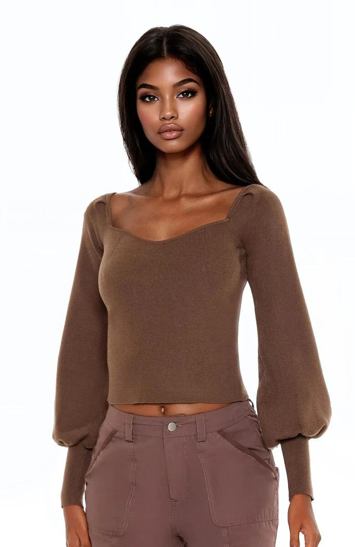 Forever 21 Women's GigotSleeve SweaterKnit Crop Top Espresso Large