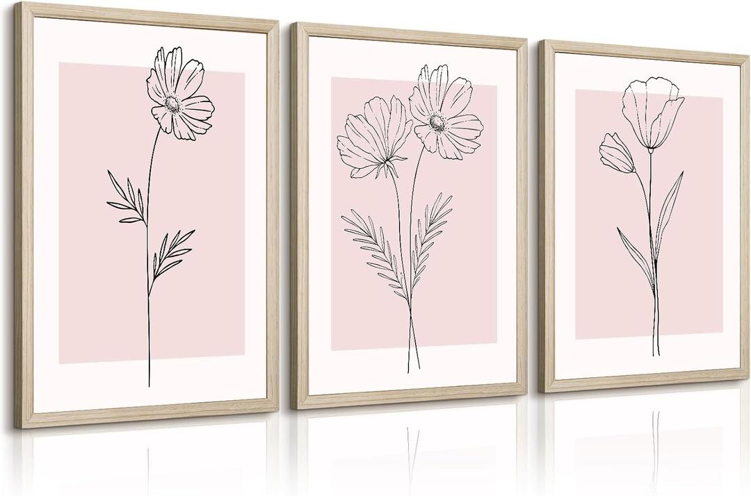 Pink Wall Art Pictures Decor Blush Pink Flower Canvas Painting Floral Botanical Wall Art Girl Room Poster Aesthetic Coquette Artwork for Bedroom Office Bathroom 16x24 Inch Framed Set of 3