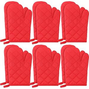6 Pairs Heat Resistant Oven Mitts Kitchen Oven Gloves 11 Inch Long Quilted Cotton Polyester Kitchen Gloves for Cooking, Baking, Grilling BBQ (Red)