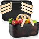 Sadnyy 4 Pcs Plastic Mesh Garden Harvest Basket Storage Basket with Wooden Handle Multi Functional Mesh Bin for Kitchen Cabinet Picnic Fruit Vegetable Gathering Organizer(Large,Black)