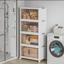 Storage Bins Lid, 4-Pack Stackable Plastic Collapsible Cabinet, Foldable Organizer with Wheel and Double Door White