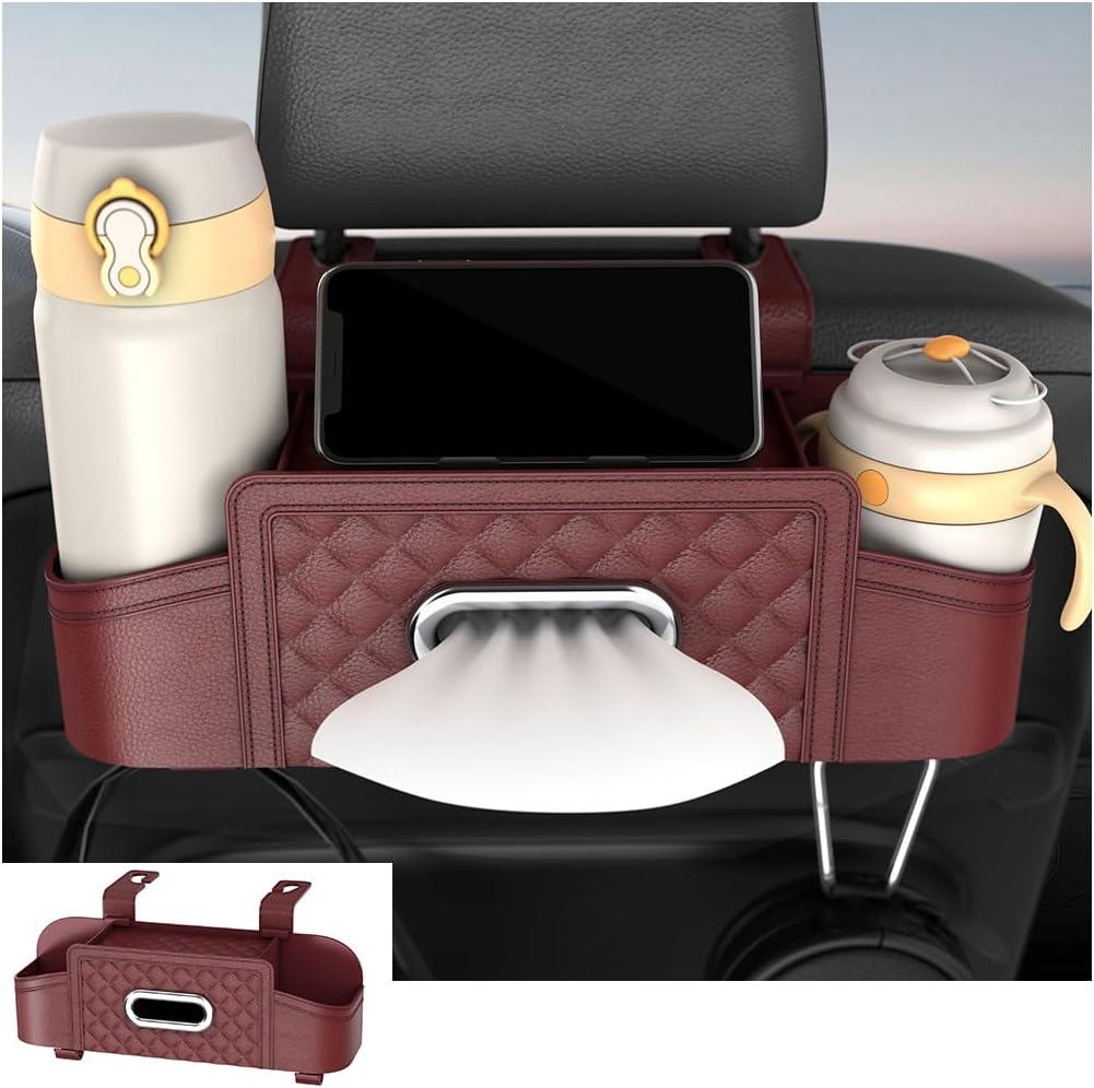 Mandark Car Headrest Backseat Organizer, Multifunctional Vehicle Seat Back Storage Box with Drink Cup Holder and Hooks, Automotive Travel Accessories, Universal for SUV, Sedan, Truck (WineRed)