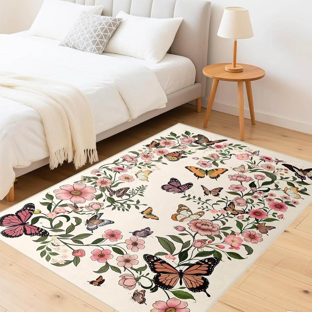 Floral Butterfly Rug 3'x5' - Washable Rug for Living Room Boho Beige Floral Carpet for Dining Room Door Mat Indoor Entrance 3'x5' Rugs Butterfly Mats (Multi 1004)