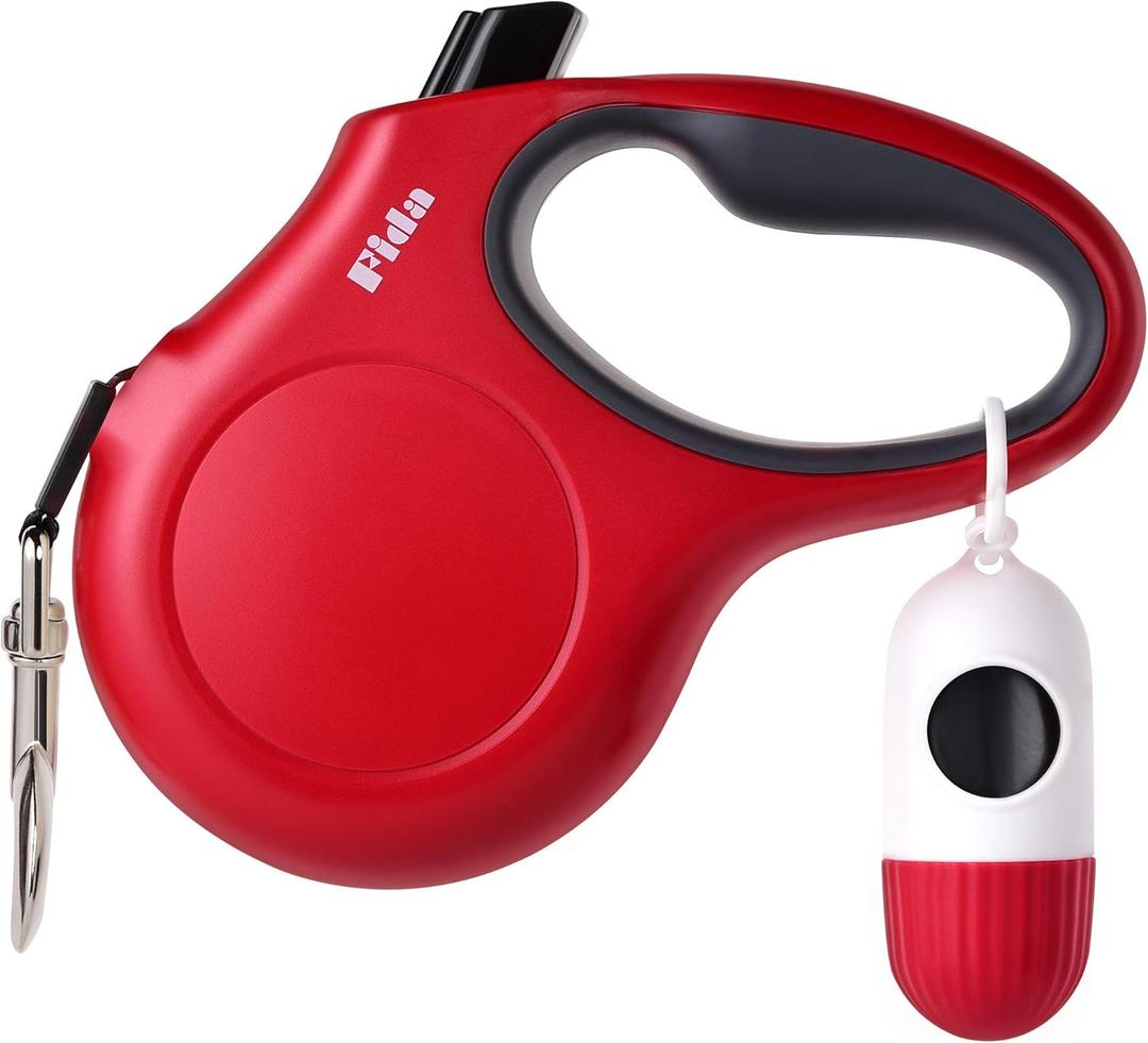 Fida Retractable Dog Leash with Dispenser and Poop Bags, 16 ft Pet Walking Leash for Medium Dog or Cat up to 44 lbs, Anti-Slip Handle, Tangle Free, Reflective Nylon Tape (M, Red) (Medium, 16ft)