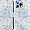 DEENAKIN for iPhone 15 Pro Wallet Case with Card Holder + Cash Clip, RFID-Blocking, Military-Grade Drop Protection, Magnetic Closure with Leather Kickstand - Blue Floral Design