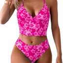 Floerns Women's Floral Print Halter Neck Tankini Top Two Piece Bathing Swimsuit (Hot Pink) S