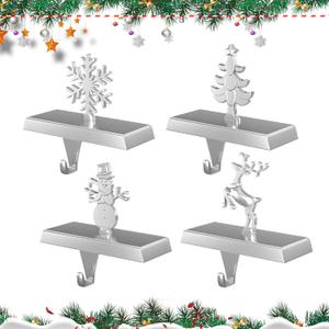 Stocking Holders for Mantle and Garland Hanger, 4-Pack Metal Christmas Stocking Hooks, Ideal for Christmas Celebrations, Festive Home Decorations, and Party Supplies (Silver)