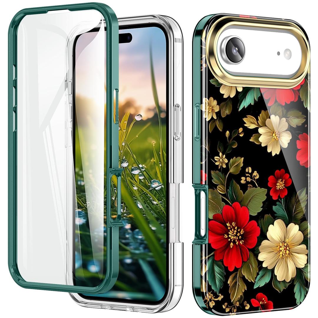 Turquiase Cute Flower Case for iPhone Air 6.5 inch Built with Screen Protector, Lightweight and Stylish Full Body Shockproof Protective Rugged TPU Case for Women/Girls-Black Peonies