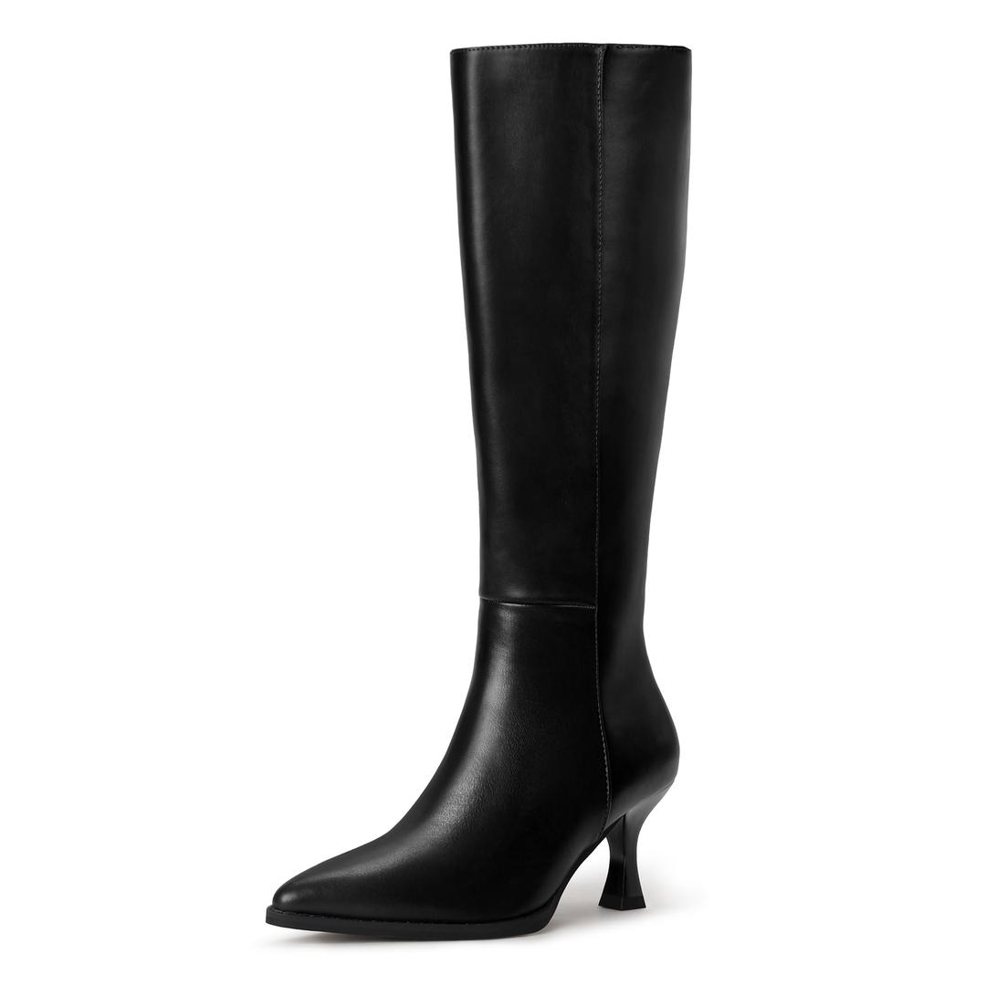 IDIFU Women's Black Knee High Tall Boots Gogo Pointed Toe Low Kitten Heel Long Fall Boot Side Zipper for Women Ladies Dress Dressy Office Evening Fashion Small Heeled Boots(Black Pu, 7)