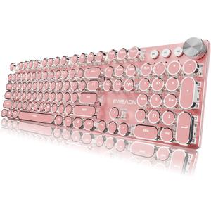 EWEADN Typewriter Style Mechanical Gaming Keyboard, Wired Mechanical Keyboards,104 Keys Backlit LED Keyboards, Media Control Knob, Wired Computer Keyboard White Switch for Windows/Mac/PC-Dark Pink