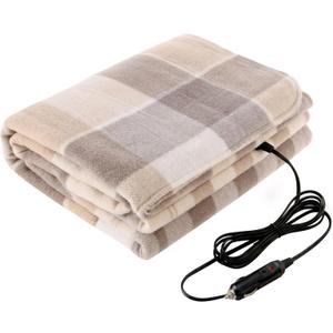 Heated Car Blanket - 12V Electric Travel Blanket for Car, Truck, SUV or RV - Portable Heated Throw for Road Trips, Camping or Winter Emergency Kit for Cold Weather Travel by Stalwart (Tan Plaid)