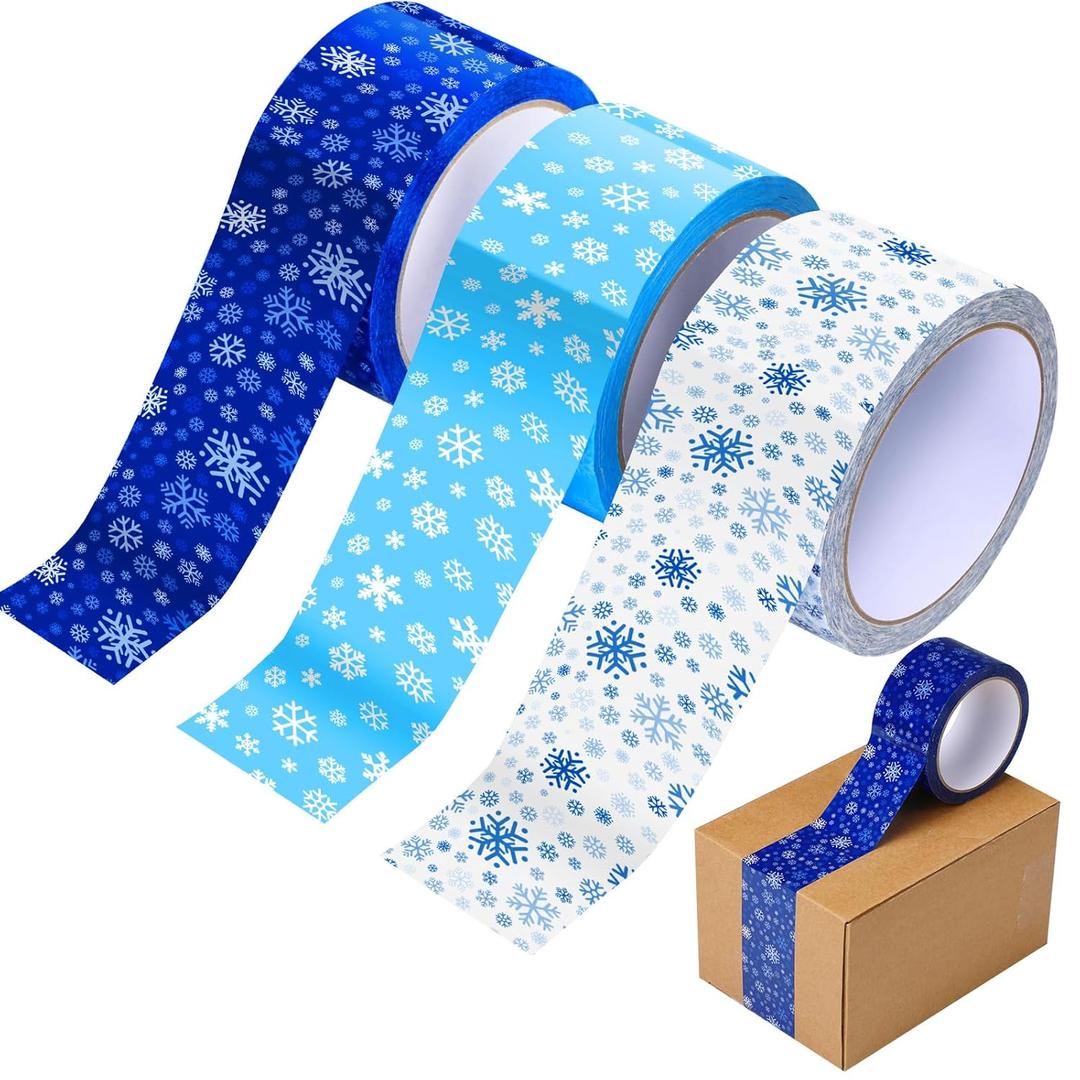 Ctosree 3 Rolls Christmas Packing Tape 50 Yard x 2 Inch Blue White Snowflakes Printed Decorative Duct Tape for Xmas Gift Wrapping Packaging Presents Scrapbooking DIY Crafts Boxes Decorations