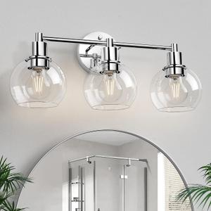 3 Lights Bathroom Vanity Light Fixtures Chrome, Bathroom Lights Over Mirror, Industrial and Farmhouse 3 Light Wall Sconce, Polished Chrome Globe Vanity Lighting Fixtures