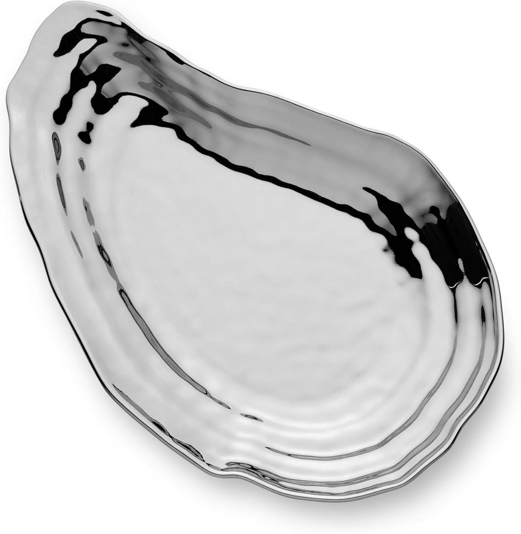 Silver Plated Porcelain Oyster Platter 15.5 x 10 Inches, Tarnish-Resistant Elegance for Dining & Entertaining
