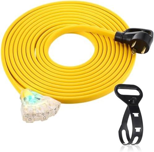 Tellegloww 25 FT Flat RV Generator Adapter Cord NEMA TT-30p to 3X 5-20R/5-15R, 30A to 110V 15/20 A Household Outlet Adapter, 10 Gauge Flat RV Generator Extension Cord, Etl Listed, Yellow