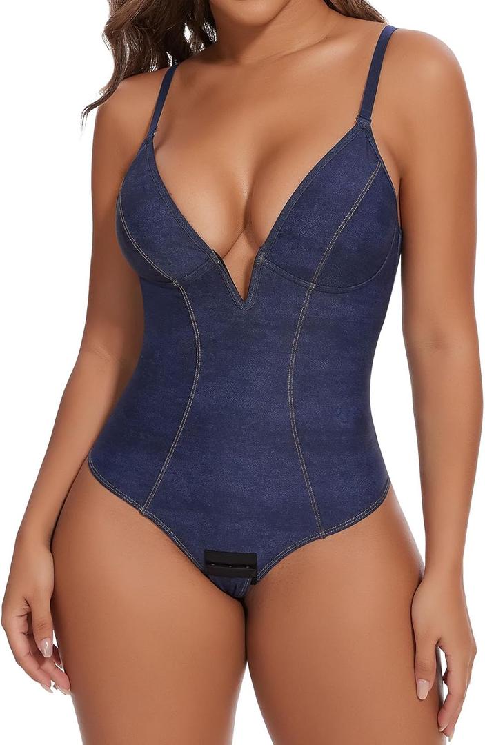 SHAPERIN Bodysuit for Women Shapewear Tummy Control Deep V Neck Plunge Sleeveless Backless Thong Body Suit Tank Top (Large, #77-blue)