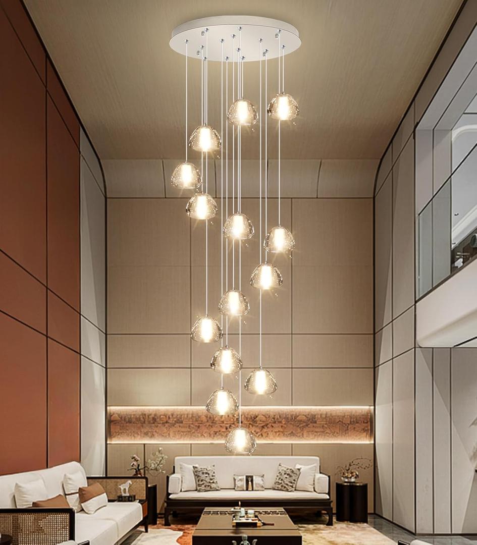 14-Light Modern Chandeliers for Entrance High Ceiling Chandelier Long Lights Fixture LED Ceiling Light Bubble Crystal for Hallway Foyer Stairwell, Silver